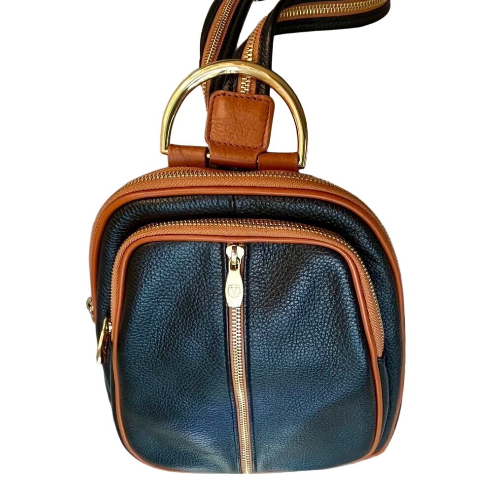 Valentina Italy Genuine Pebble Leather Convertible Backpack - Black/Tan